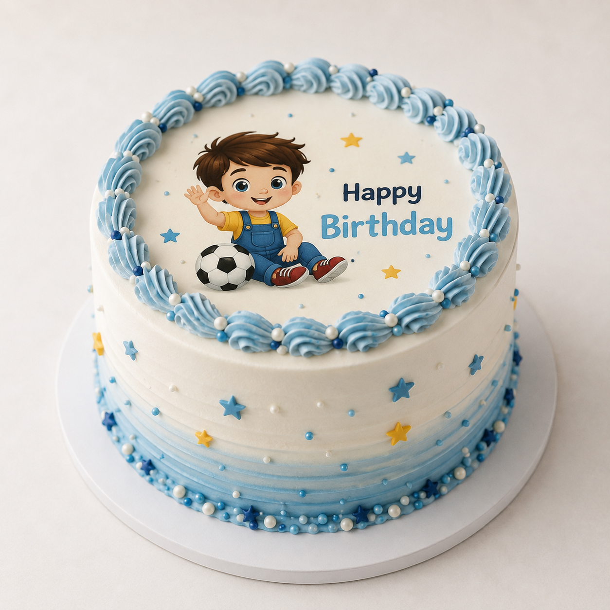 Birthday Kids Cake with colorful football design and blue cream decoration