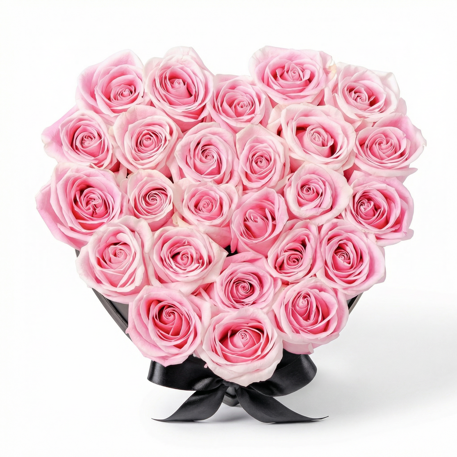 Pink Rose Heart Box Arrangement – 20 to 25 Roses in Elegant Black Heart Box
