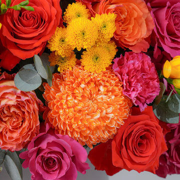 Noura Floral Hatbox Arrangement – Vibrant Mixed Roses, Freesia & Hydrangeas