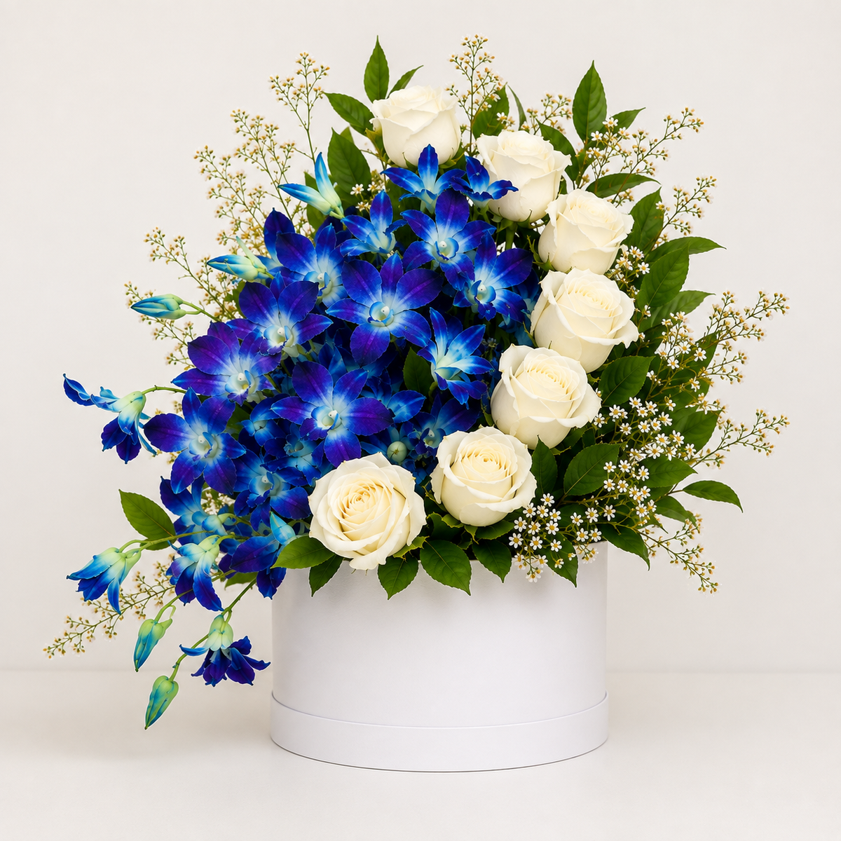 Blue orchids and white roses  in a near by you in kuwait flower market .