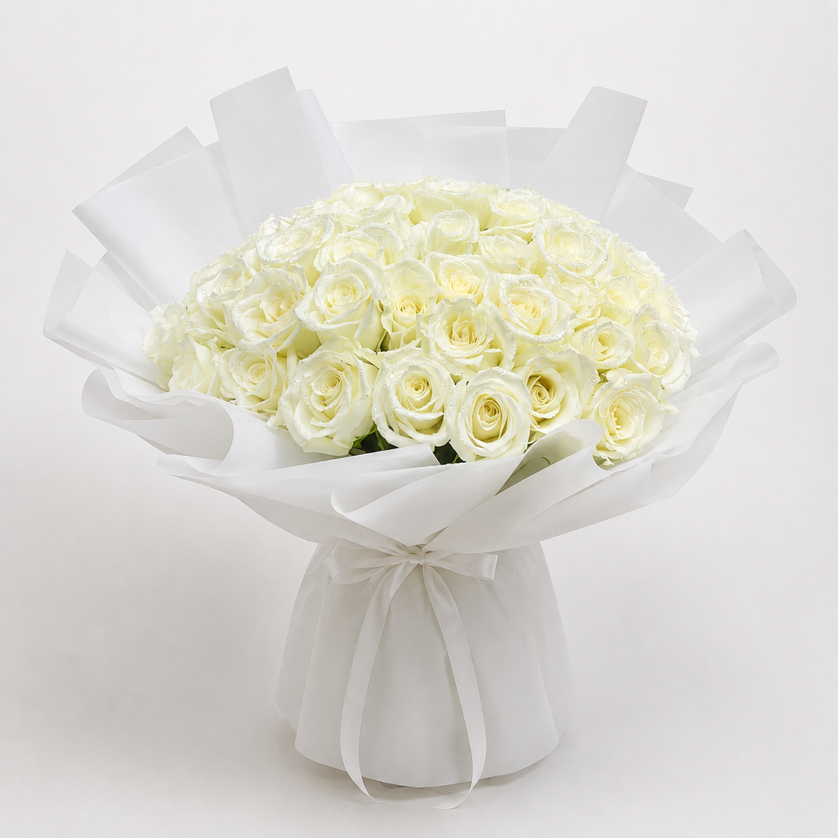 Elegant white roses anniversary bouquet with 50 fresh white roses