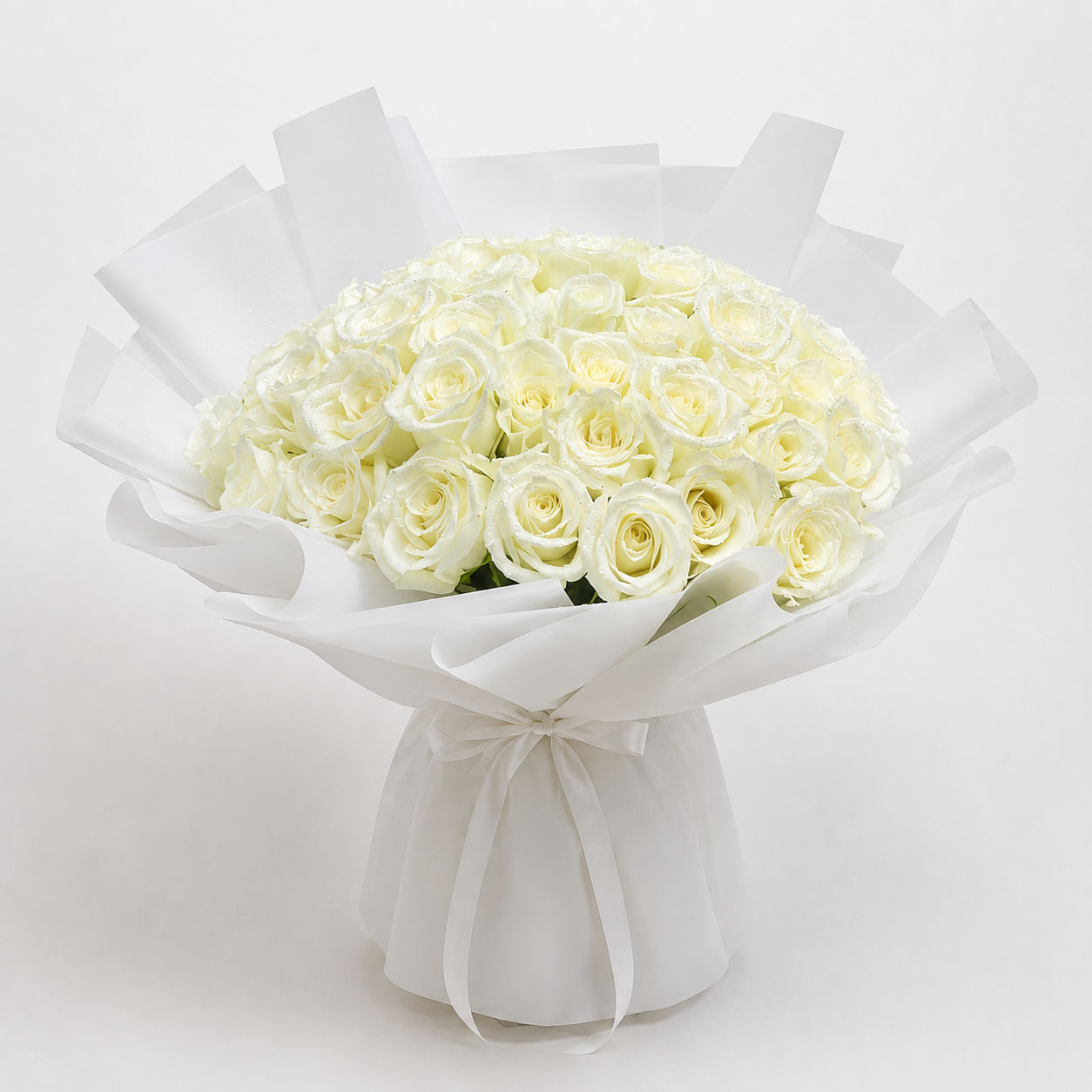 Elegant white roses anniversary bouquet with 50 fresh white roses