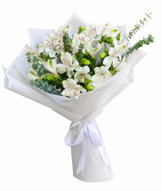 Fresh 10 white Alstroemeria bouquet with same-day flower delivery in Kuwait, handcrafted by expert florists for every special occasion.