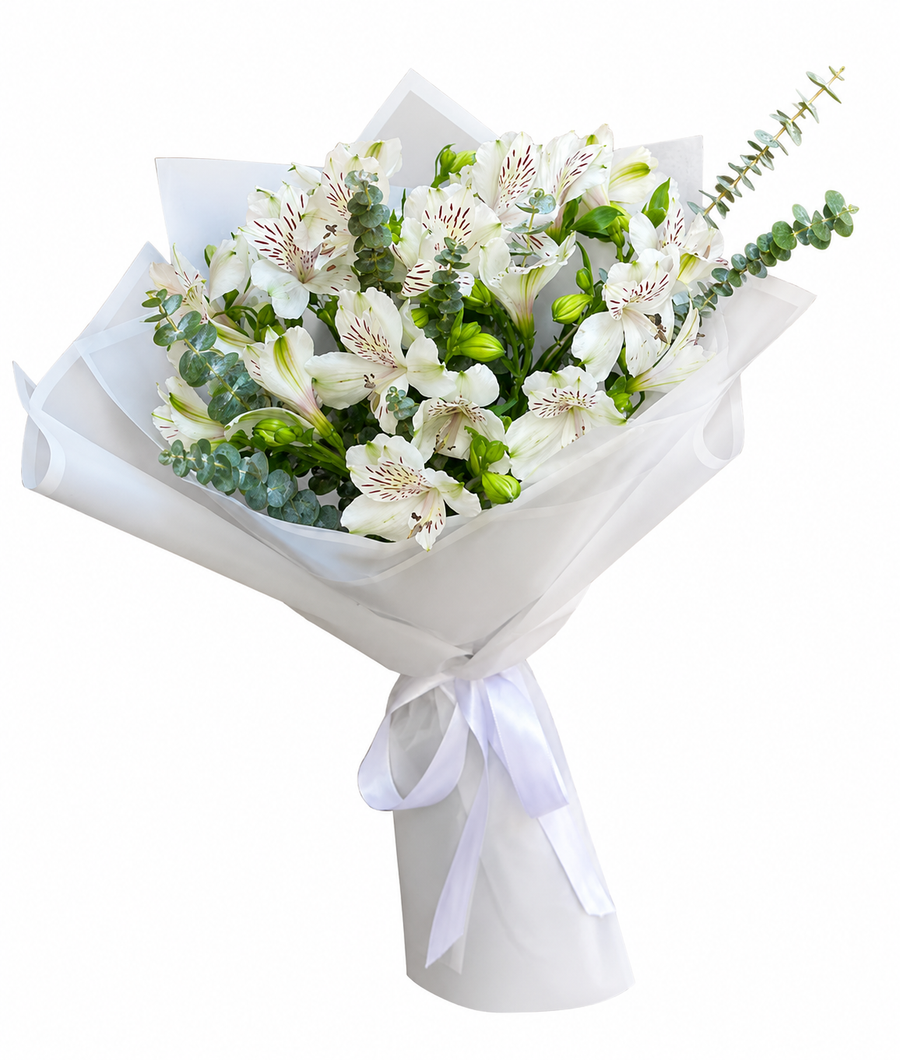 Fresh 10 white Alstroemeria bouquet with same-day flower delivery in Kuwait, handcrafted by expert florists for every special occasion.