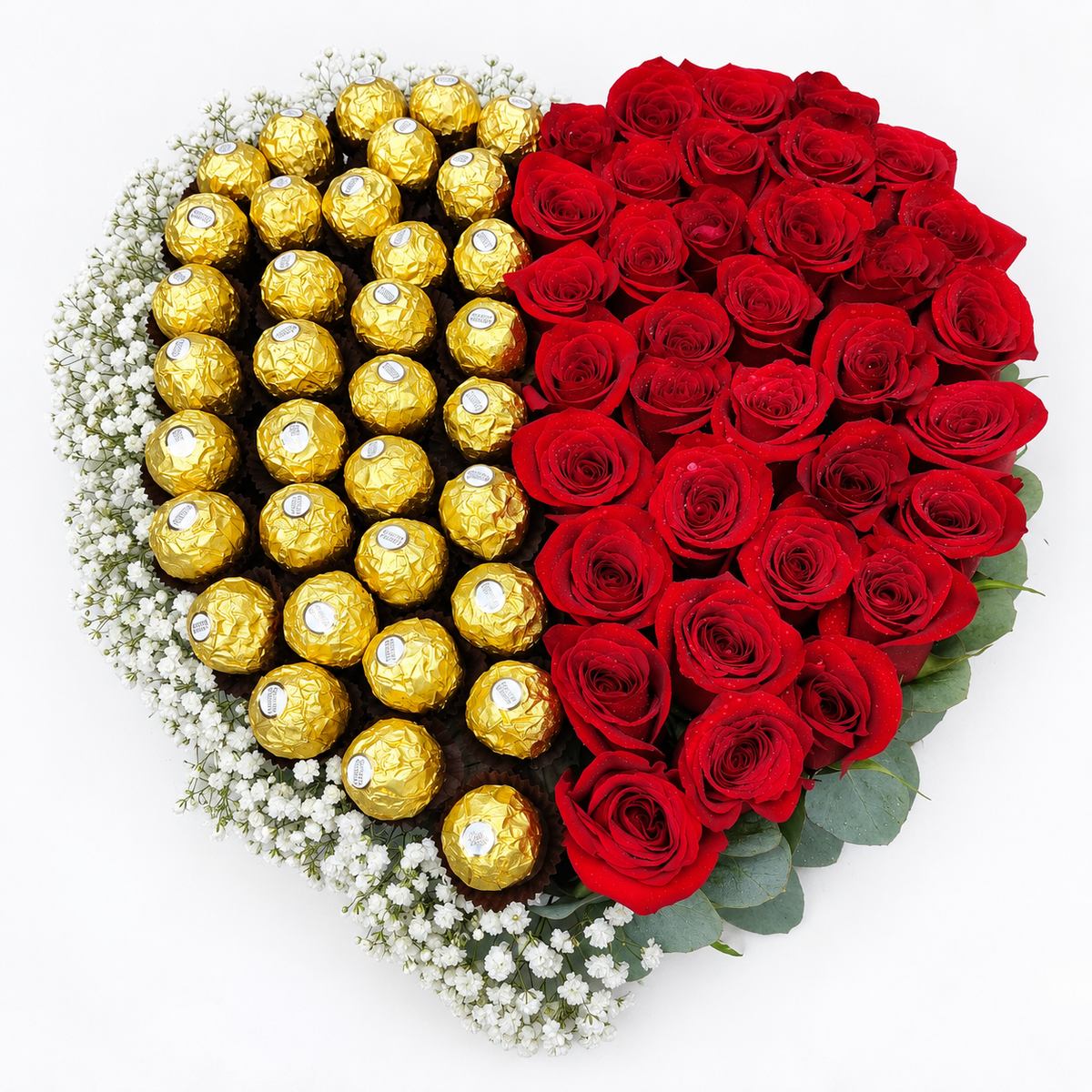 Heart-shaped arrangement with 30 red roses and 30 Ferrero Rocher chocolates