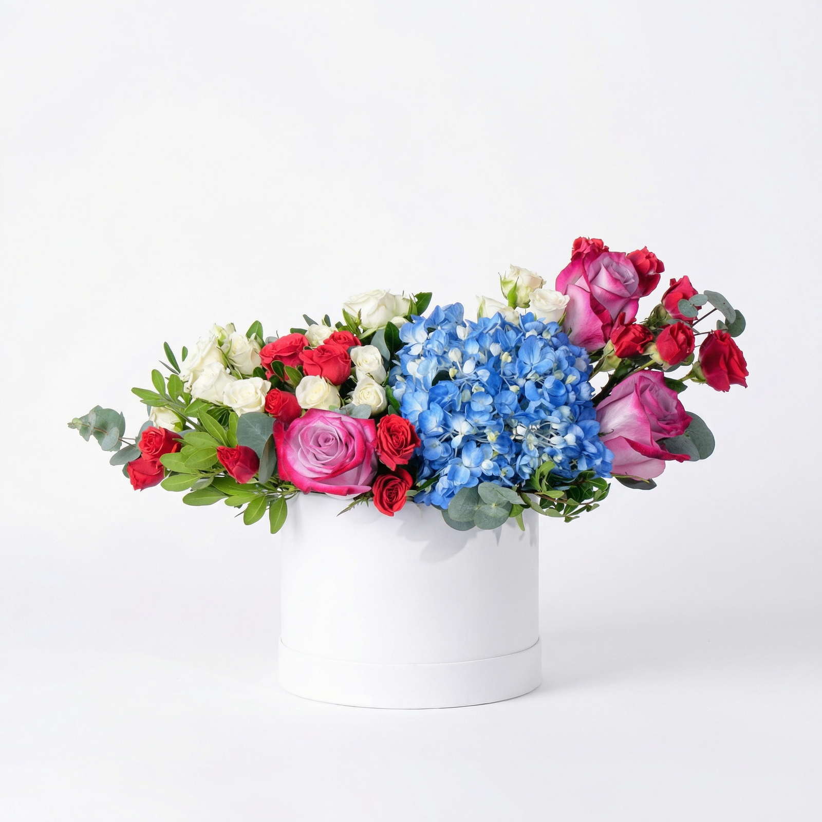 Petite Blue Florence Floral Hatbox Arrangement with Hydrangeas and Roses