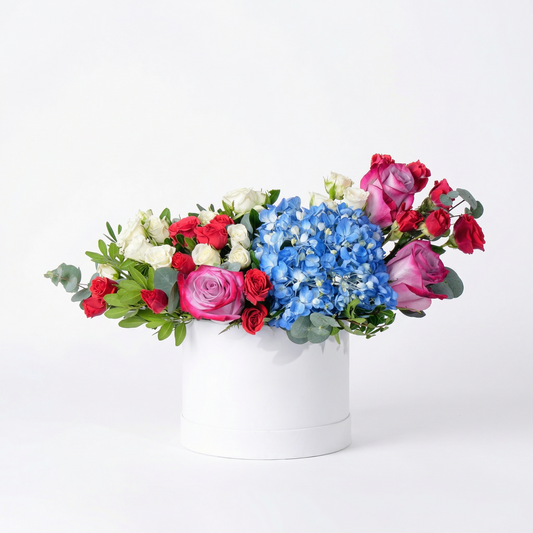 Red & White Spray Roses with Blue Hydrangea Flower Box