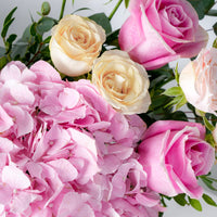 Florence Pink Hatbox Floral Arrangement with Roses, Hydrangeas and Eucalyptus