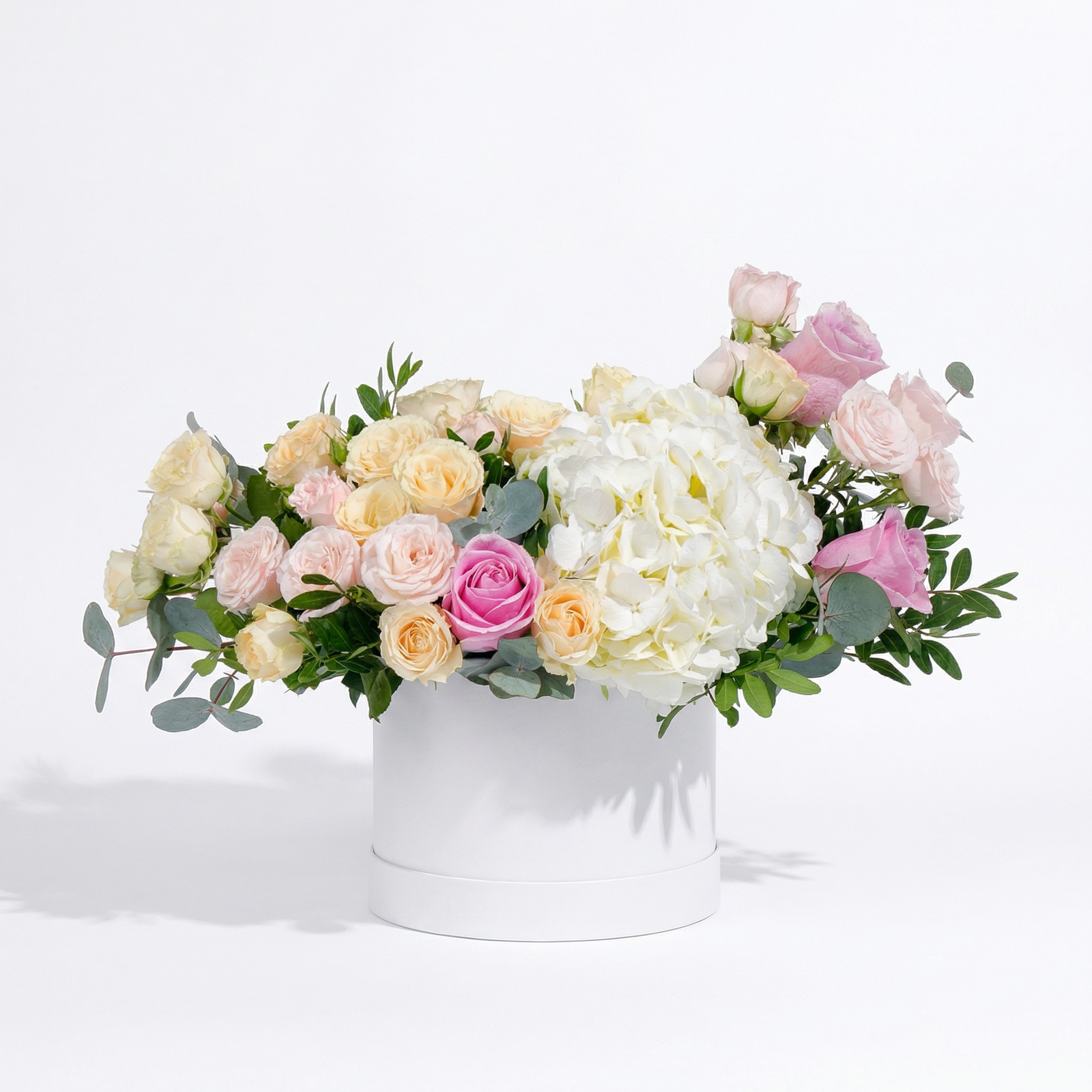 Petite White Florence Hatbox with Pink & Yellow Roses and Hydrangeas