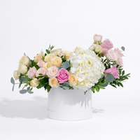 Petite White Florence Hatbox with Pink & Yellow Roses and Hydrangeas