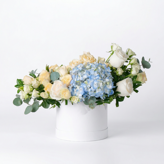 Premium Baby Roses & Blue Hydrangea Arrangement