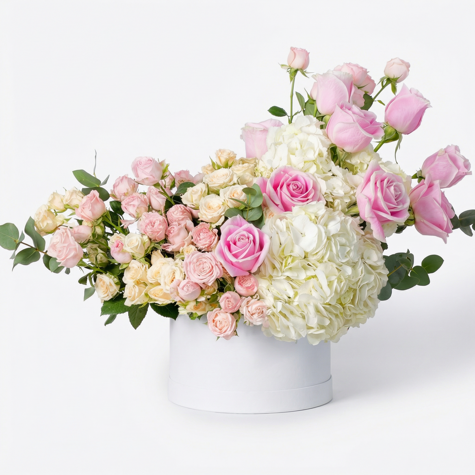 Florence White Hatbox Floral Arrangement with Pink and Yellow Roses