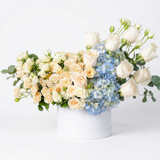 White Roses & Blue Hydrangea Luxury Flower Box