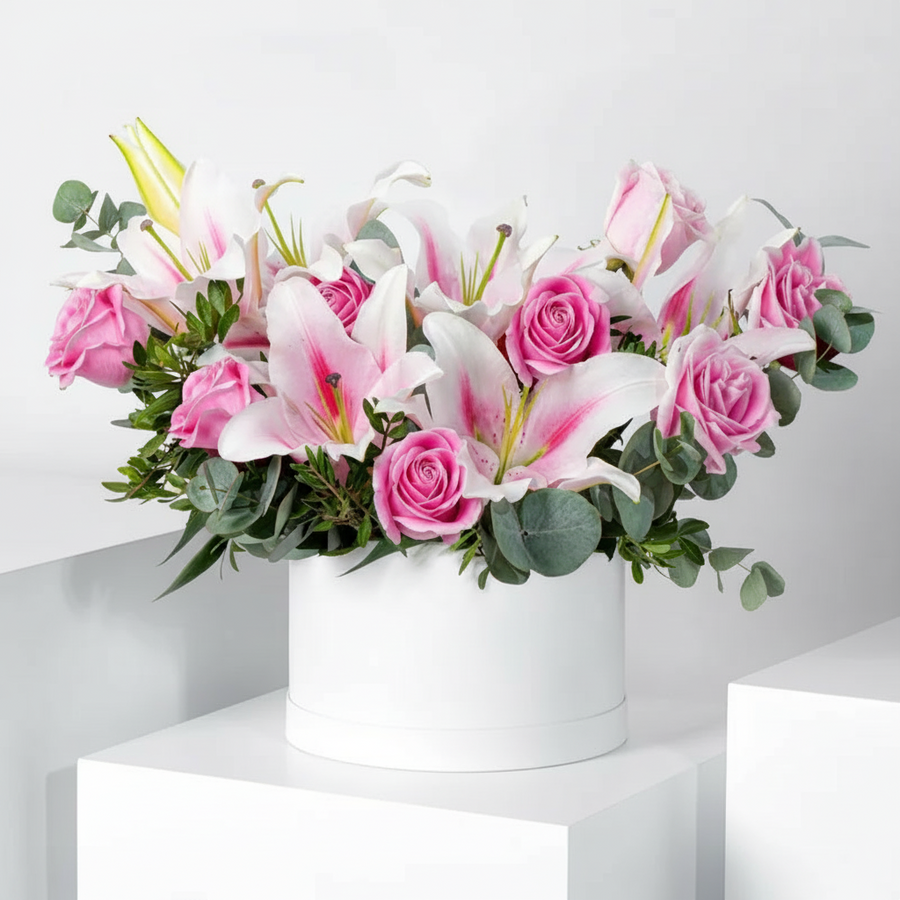 Blush Rose & Lily Hatbox Arrangement