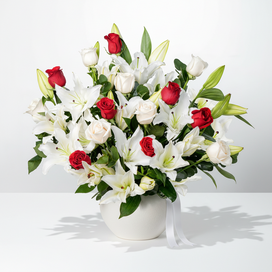 Elegant White Lily & Rose Arrangement in Decorative Vase