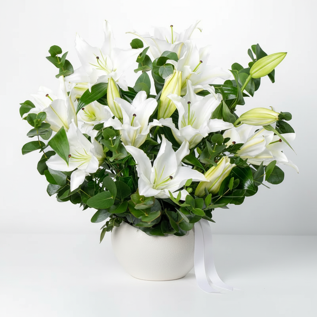 Bouquet of white lilies and greenery in a white vase on a light background