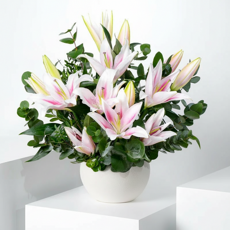 Blush Lily & Eucalyptus Arrangement in Elegant Vase