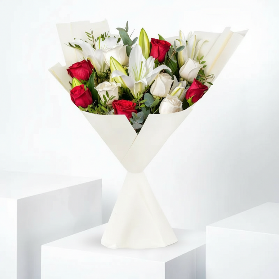 Elegant White Lily & Rose Bouquet with Eucalyptus