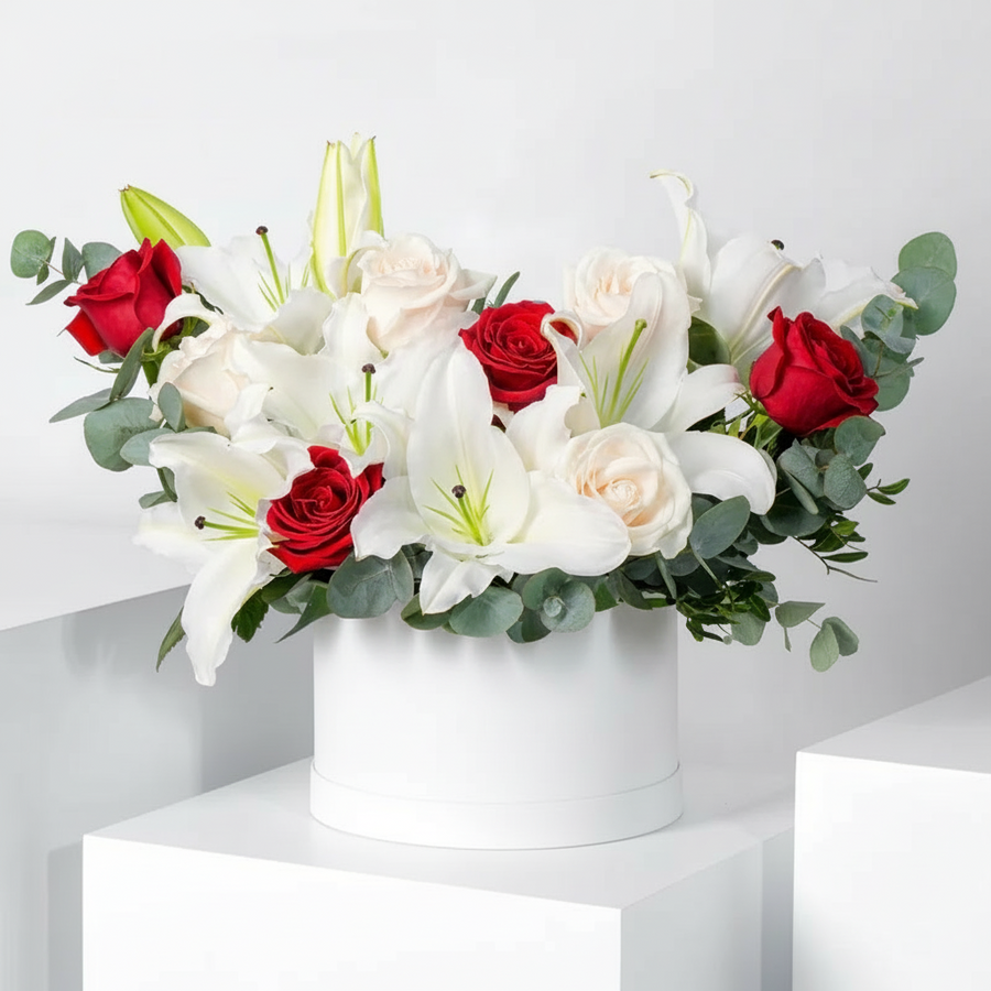 Elegant Ivory & Crimson Bloom Hatbox Arrangement
