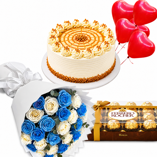 Luxury blue and white roses gift combo with 25 roses, butterscotch cake, Ferrero Rocher chocolates and red heart helium balloons. Same-day delivery in Kuwait.