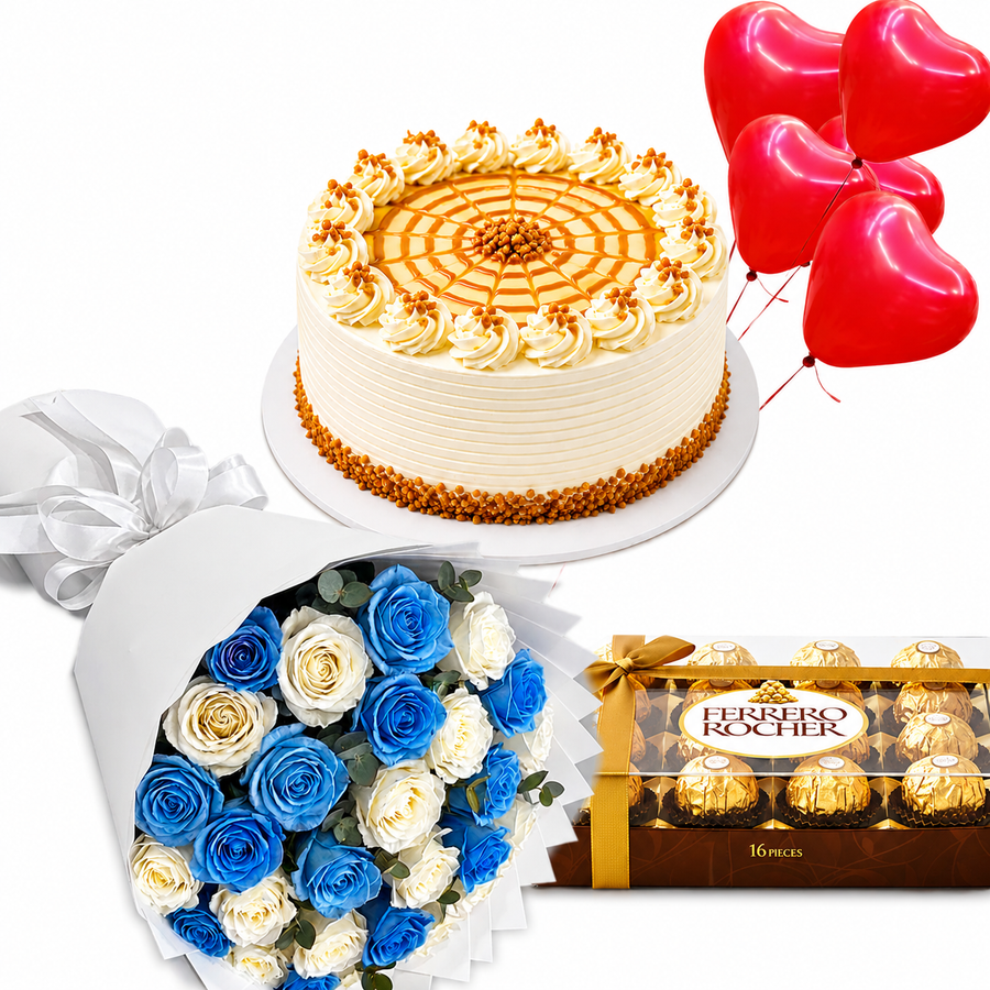 Luxury blue and white roses gift combo with 25 roses, butterscotch cake, Ferrero Rocher chocolates and red heart helium balloons. Same-day delivery in Kuwait.