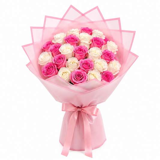 Luxury pink and white roses flower bouquet with elegant pink wrapping. Same-day flower delivery in Kuwait.