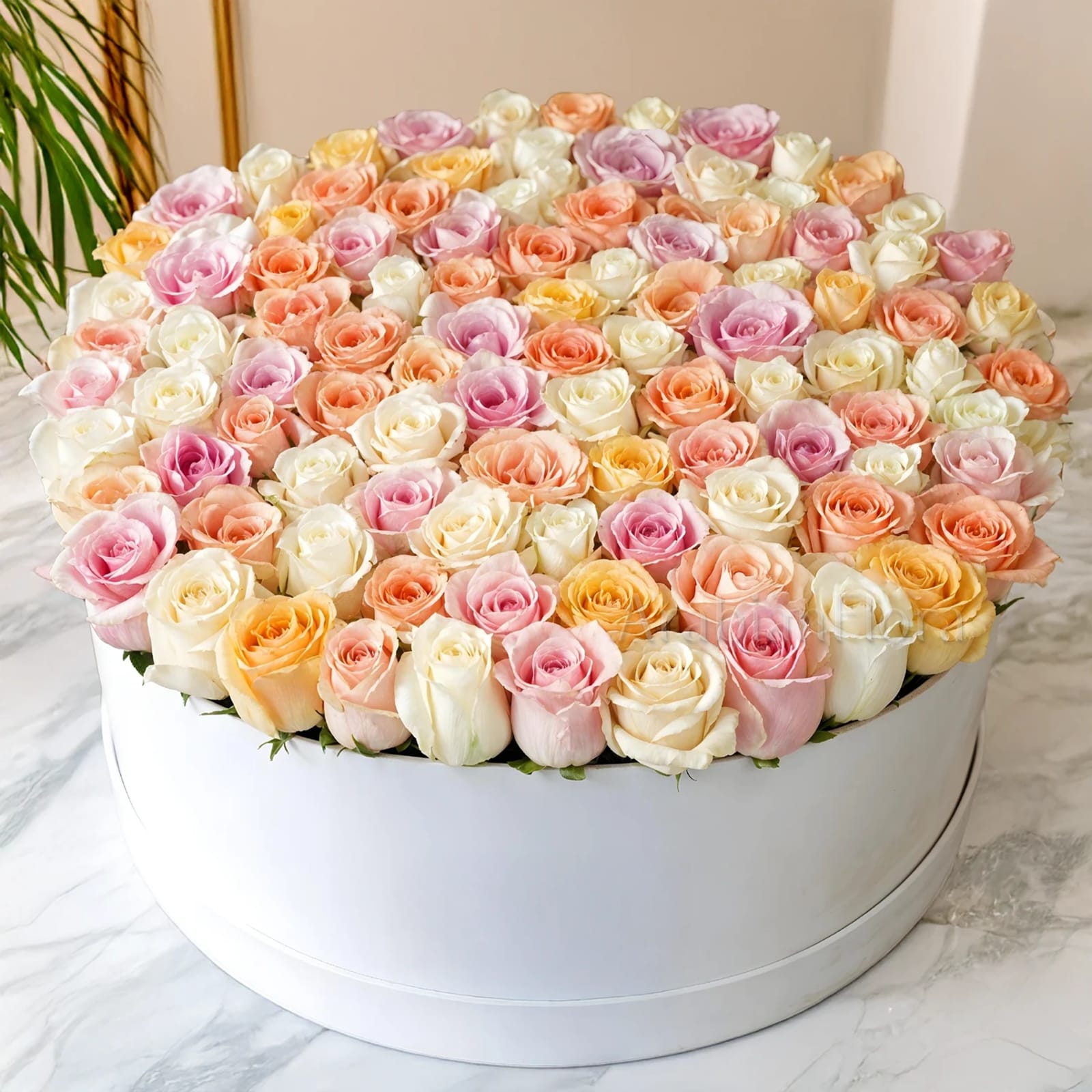 60 Mixed Roses Flower Box with pink, white, peach and yellow roses in a white round flower box for same-day flower delivery in Kuwait.