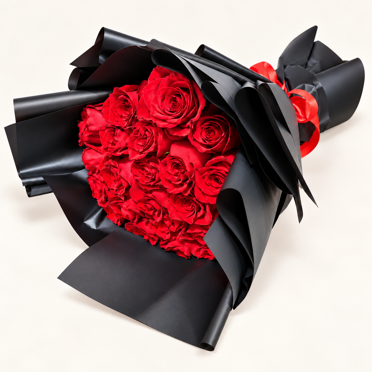 New Year red roses bouquet featuring 25 red rose stems arranged beautifully for New Year celebrations and gifting.