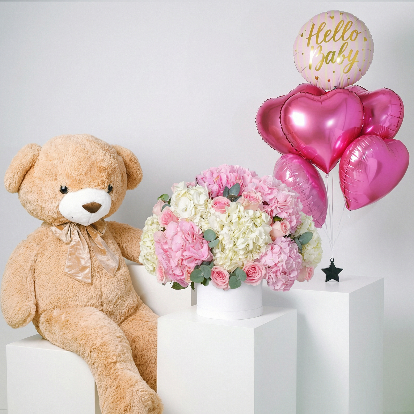 Baby Heavenly Pinks Floral Hatbox Gift Set with Teddy Bear & Balloons