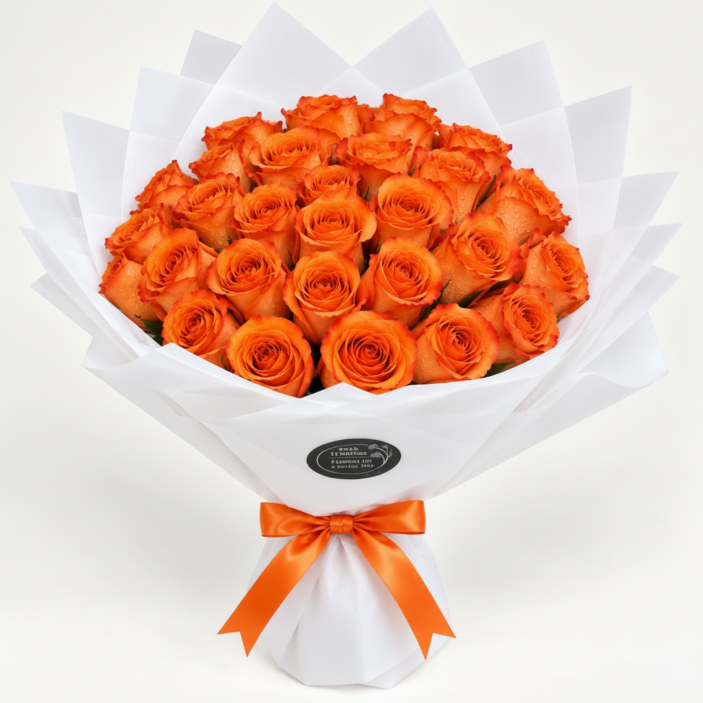 Orange roses bouquet with 25 fresh orange roses, white wrapping and orange satin ribbon in Kuwait