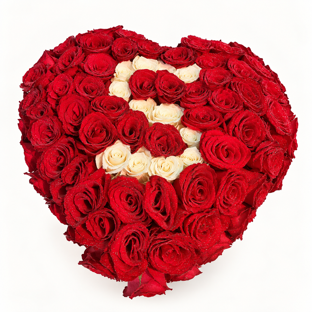 Personalized heart-shaped red roses with a white rose letter