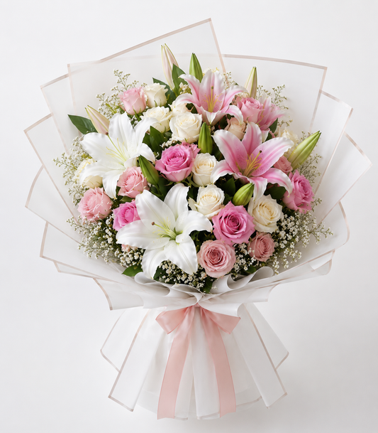 Pink & White Lilies and Roses Mixed Bouquet handcrafted by expert florists in Kuwait with same-day flower delivery.