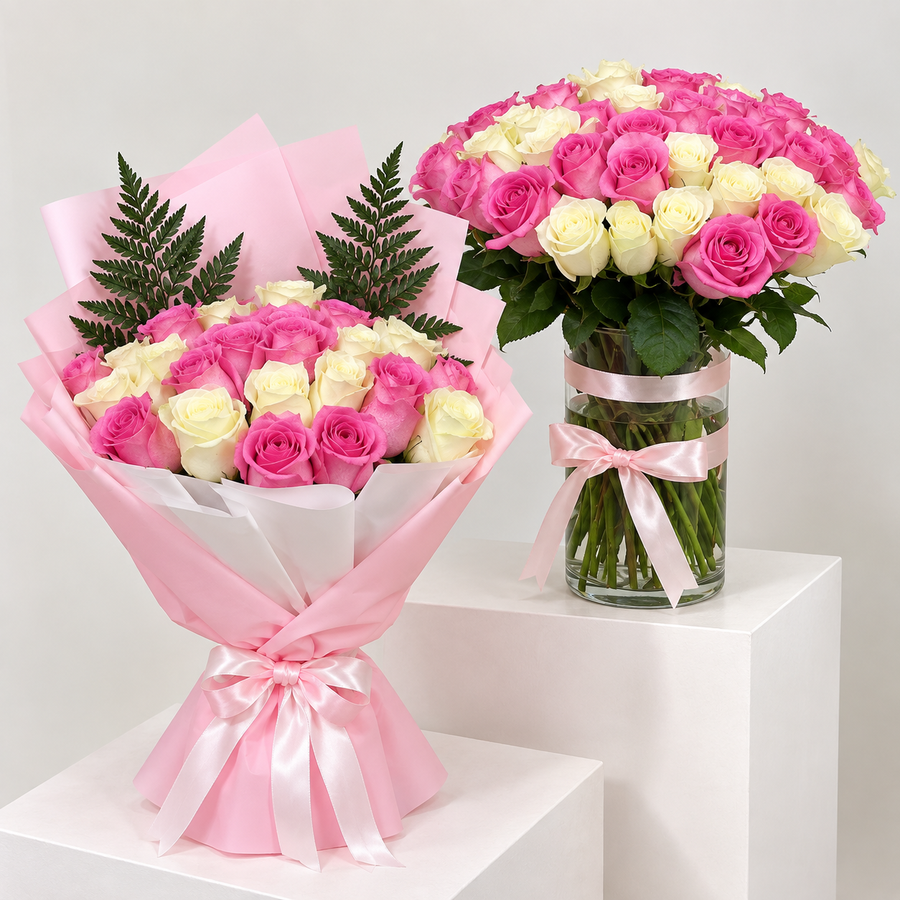 100 pink and white roses in a bouquet and vase combo