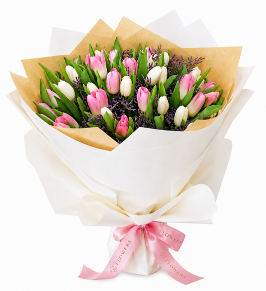 Pink & White Tulips Bouquet with same-day flower delivery in Kuwait. Order from anywhere in the world.
