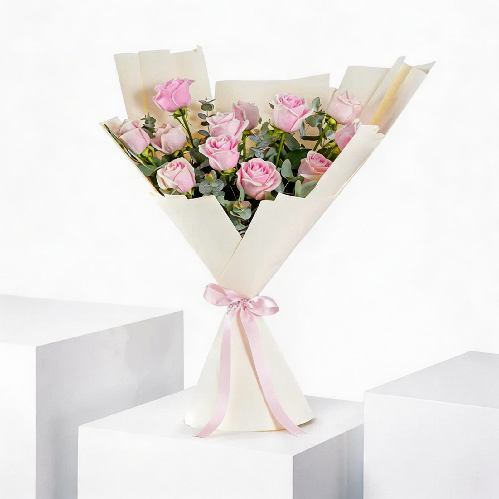 Elegant Hand-Tied Bouquet of 12 Fresh Pink Roses with Greenery