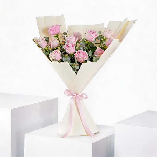 Elegant Hand-Tied Bouquet of 12 Fresh Pink Roses with Greenery