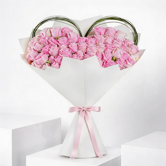 Elegant 50 Long-Stem Pink Rose Bouquet – Hand-Tied Floral Arrangement