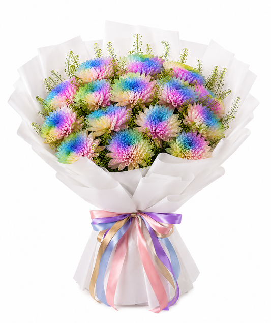 Luxury Rainbow Painted Chrysanthemum Bouquet with 15 painted chrysanthemums and premium white wrapping.