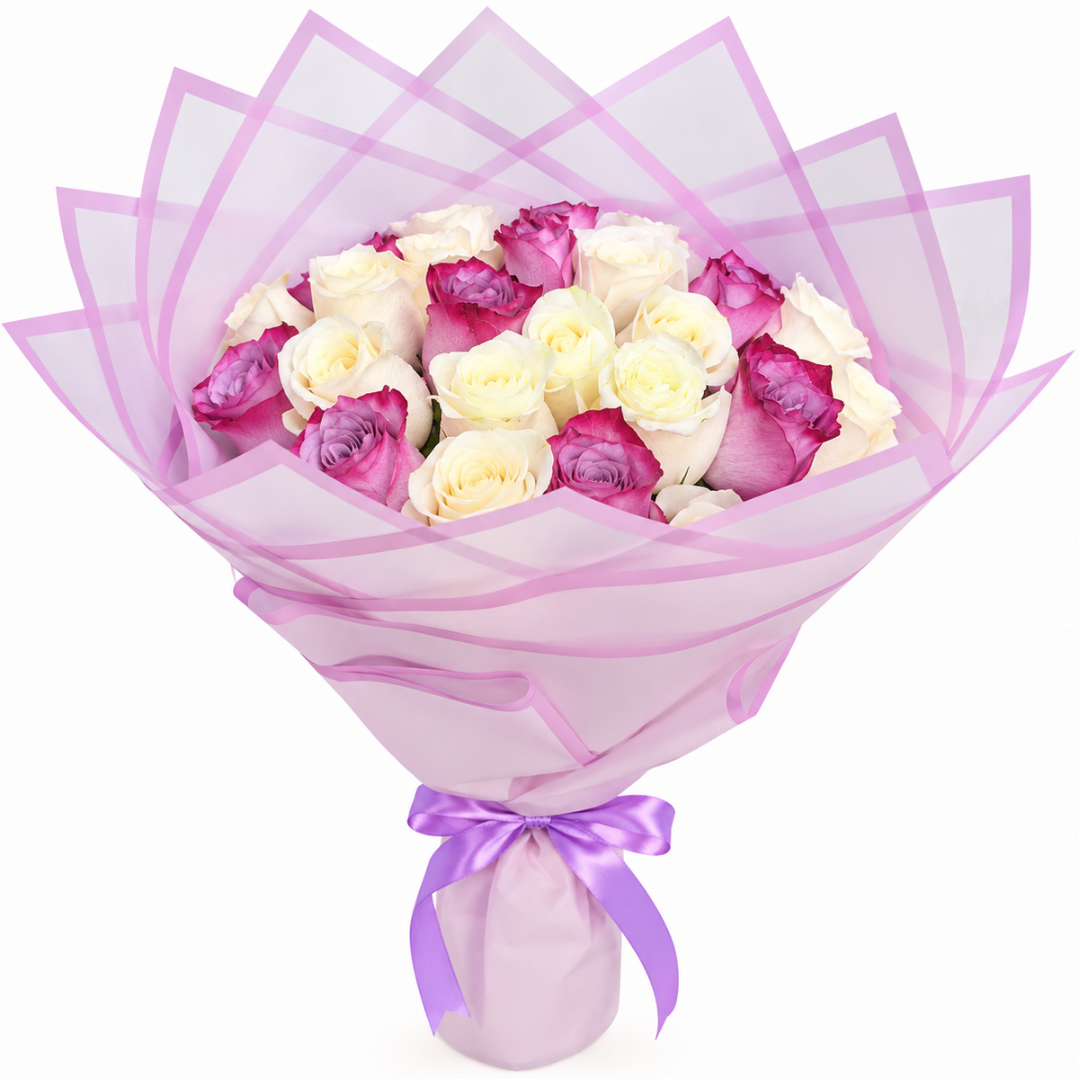 25 purple and white mixed roses bouquet with purple wrapping
