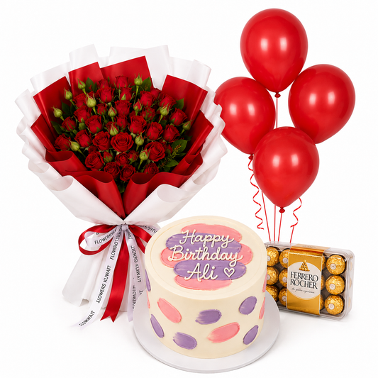 10-stem red baby roses bouquet with vanilla & red velvet cake, 16 Ferrero Rocher chocolates and 4 red helium balloons. Same-day delivery in Kuwait.