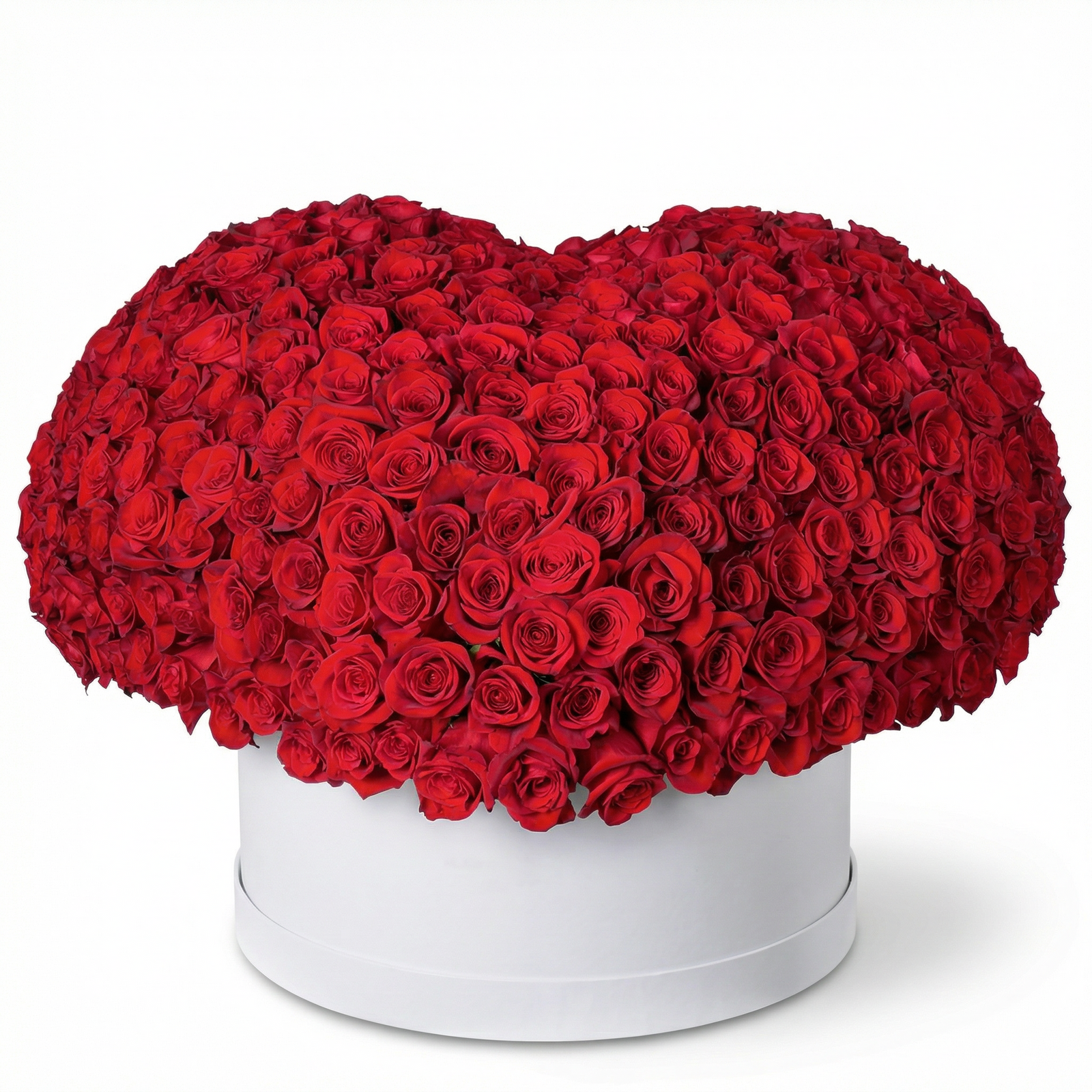 Red roses 3D heart arrangement in signature hatbox with 400 to 450 roses