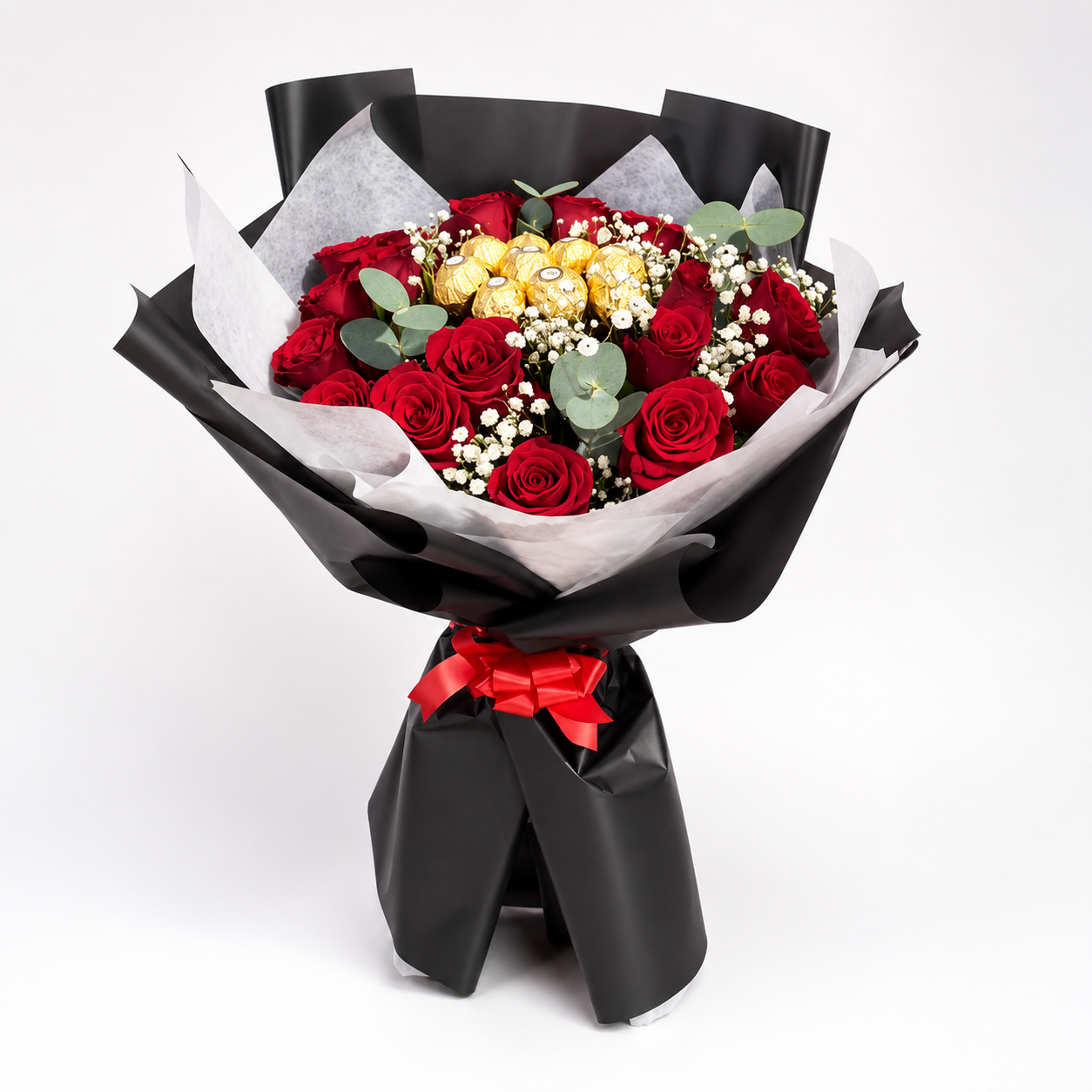 Red Roses and Ferrero Rocher Chocolate Bouquet with fresh roses for same-day flower delivery in Kuwait
