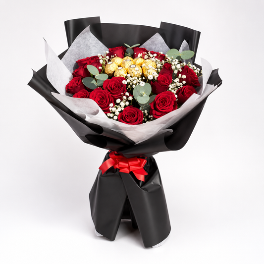 Red Roses and Ferrero Rocher Chocolate Bouquet with fresh roses for same-day flower delivery in Kuwait