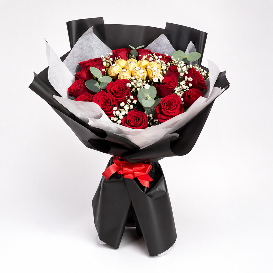 Red Roses and Ferrero Rocher Chocolate Bouquet with fresh roses for same-day flower delivery in Kuwait