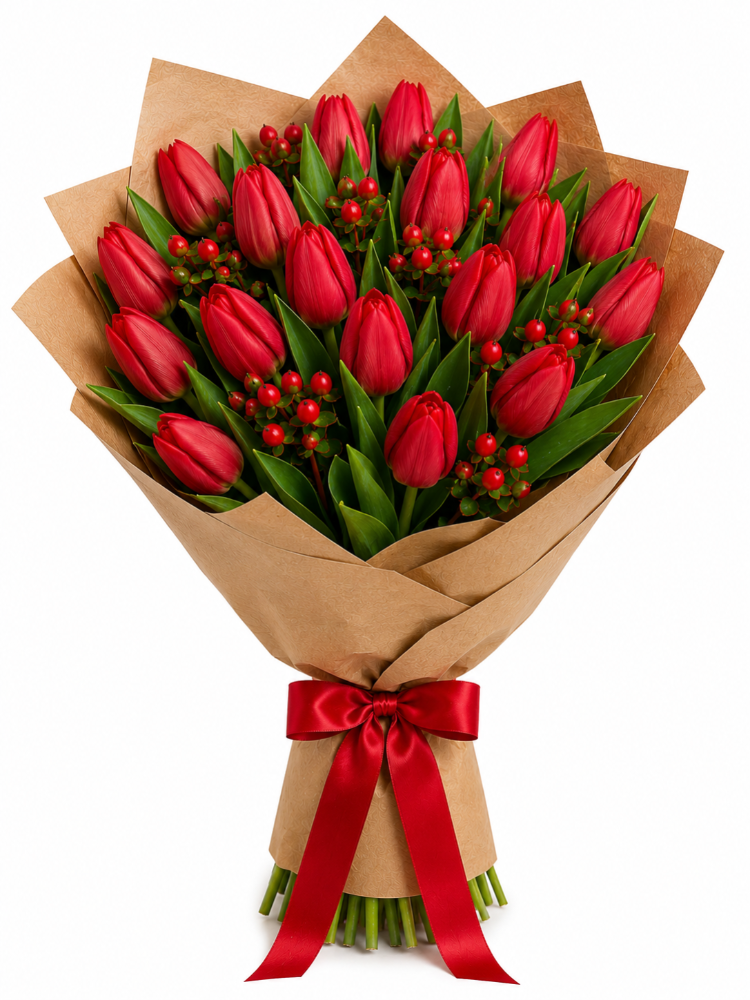 20 Stems Fresh Red Tulips Bouquet with red hypericum, same-day flower delivery in Kuwait, freshness guaranteed