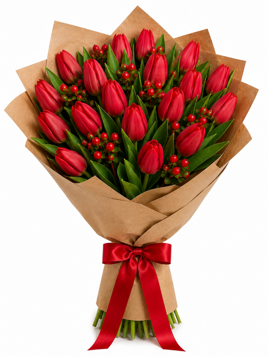 20 Stems Fresh Red Tulips Bouquet with red hypericum, same-day flower delivery in Kuwait, freshness guaranteed