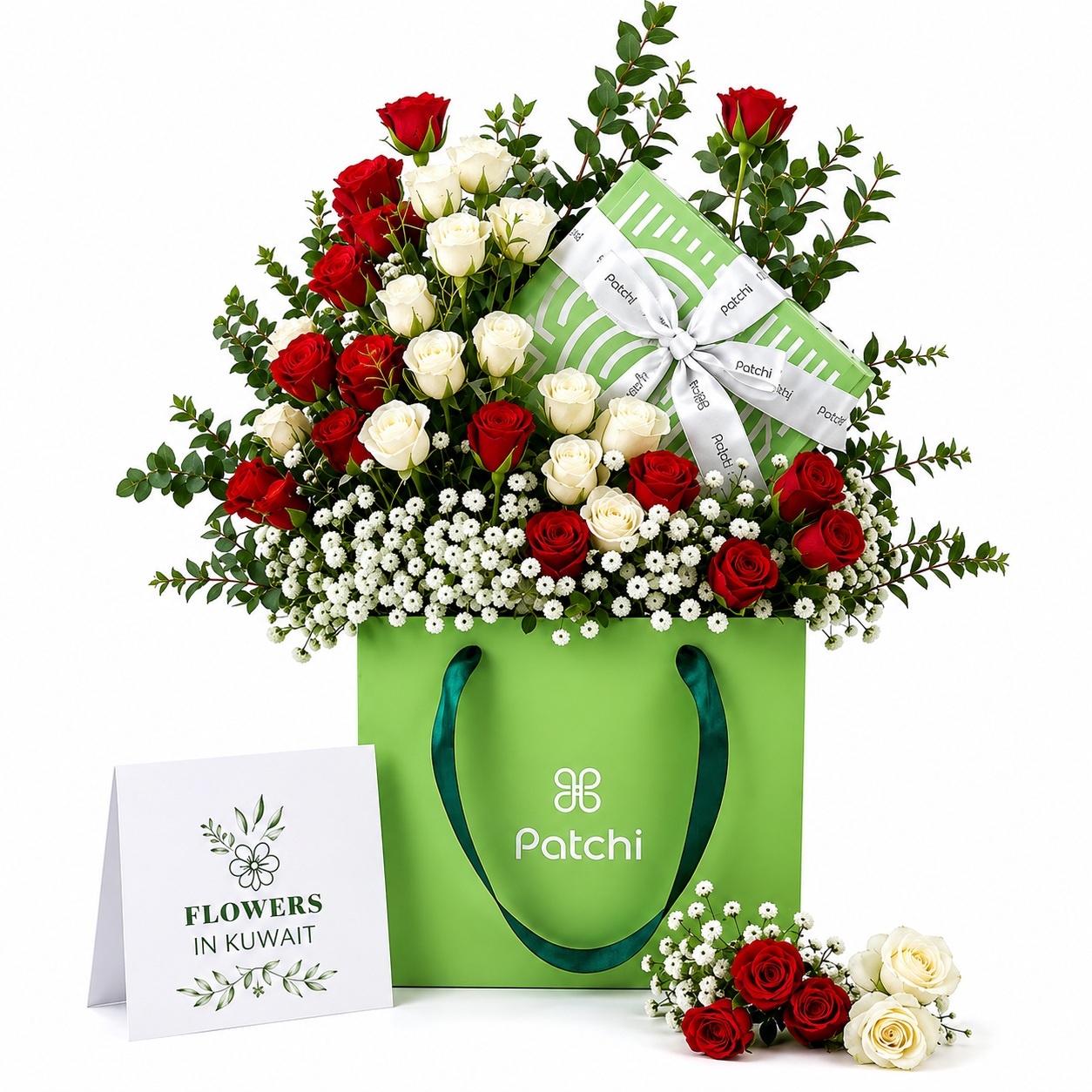 Red and white baby roses with Patchi chocolate gift box in Kuwait
