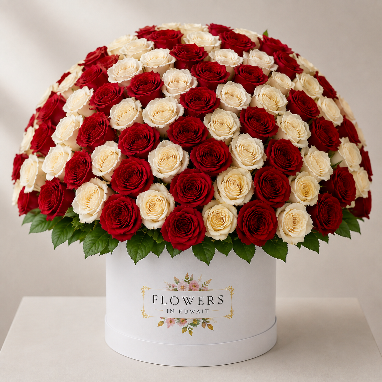 Red & White Rose Flower Box with premium red and white roses arranged in a luxury white flower box.