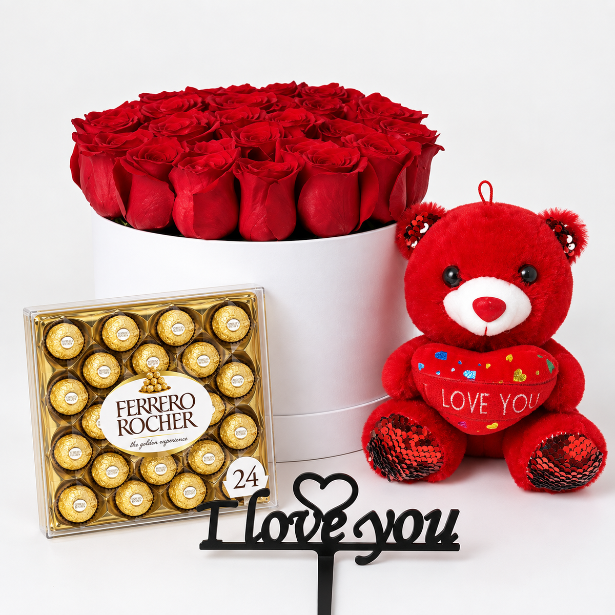 Romantic red roses gift set with white hatbox, Ferrero Rocher chocolates and red teddy bear in Kuwait