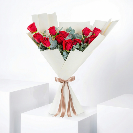 Elegant Dozen Red Roses Bouquet with Fresh Greenery